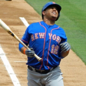Juan Lagares after being hit in the back by a pitch (Photo credit: Paul Hadsall)