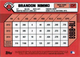The back of Brandon Nimmo's 2014 "1989 Bowman is Back" baseball card