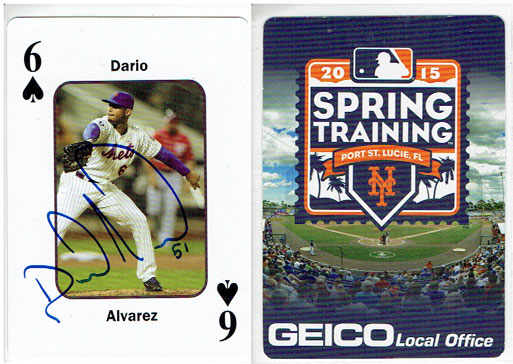 Signed Dario Alvarez 2015 Geico Mets playing card from my collection (front & back views)